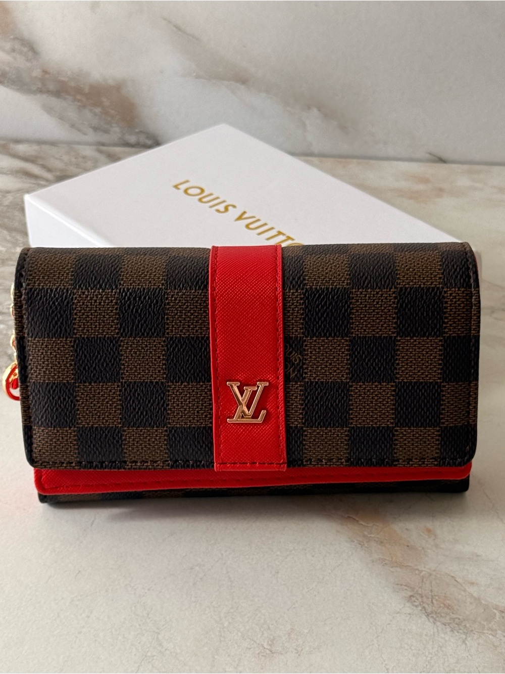 Louis Vuitton Brown Damier Canvas Wallet with Red Trim and Gold LV